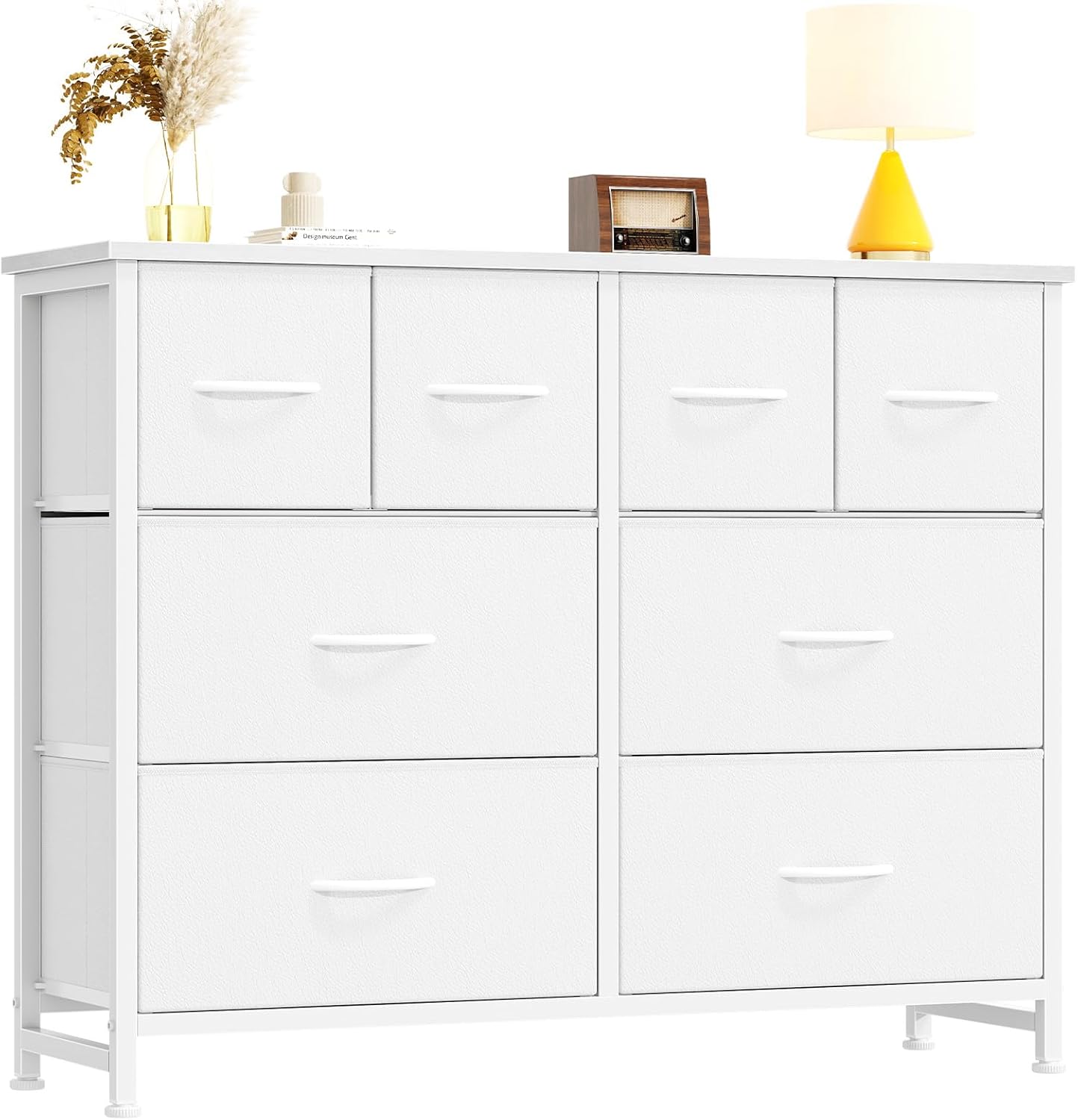 TV Stand, Dresser with 8 Fabric Drawers, Spacious Storage Tower for Closet, TV Stand with Wood Top and Mental Frame, Storage Unit for Living Rooms, Bedroom and Entryway, Pink