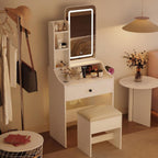 Makeup Vanity Desk, Vanity Table Set with Mirror and Lights, Small Vanity with Storage Bench, Charging Station and Hair Dryer Holder, Dressing Table with Drawer and Three Shelves, White
