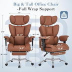 Big and Tall Home Office Desk Chair, Gaming Computer Chair, Executive Ergonomic Chair with Footrest, High Back Reclining, Adjustable Armrests and Comfy Lumbar Support, PU Leather, Brown