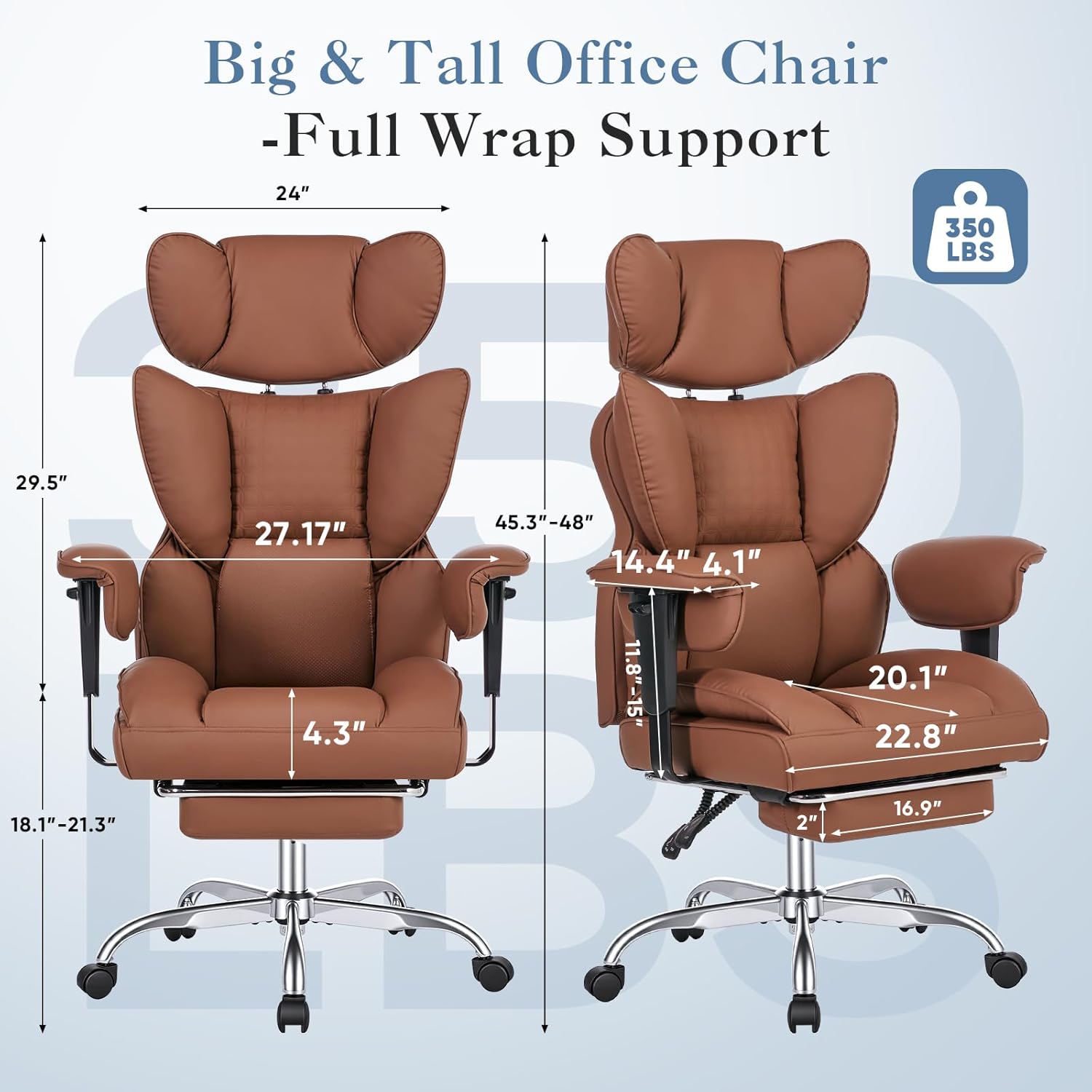Big and Tall Home Office Desk Chair, Gaming Computer Chair, Executive Ergonomic Chair with Footrest, High Back Reclining, Adjustable Armrests and Comfy Lumbar Support, PU Leather, Brown