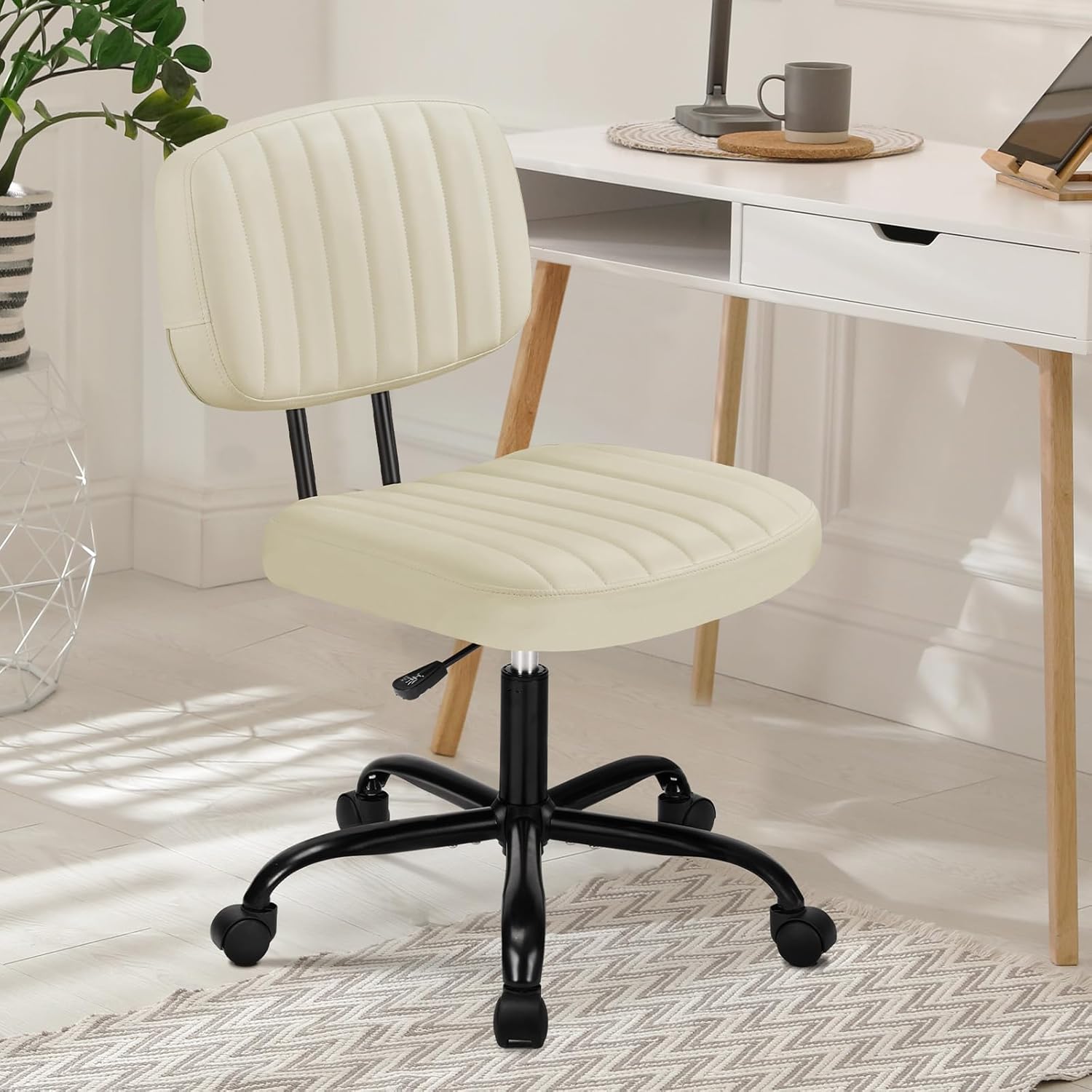 Home Office Desk Chair - Ergonomic Armless PU Leather Computer Rolling Task Chair??with Comfy Lumbar Support and Height Adjustable, Vanity, Bedroom, Pink