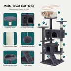 54-inch Indoor Cat Tree Tower ?CMulti-Level Pet House for Large Cats with 2 Condos, Scratching Posts, Round Platform, Small Ladder, and Toys ?C Perfect for Cats of All Ages, Dark Grey