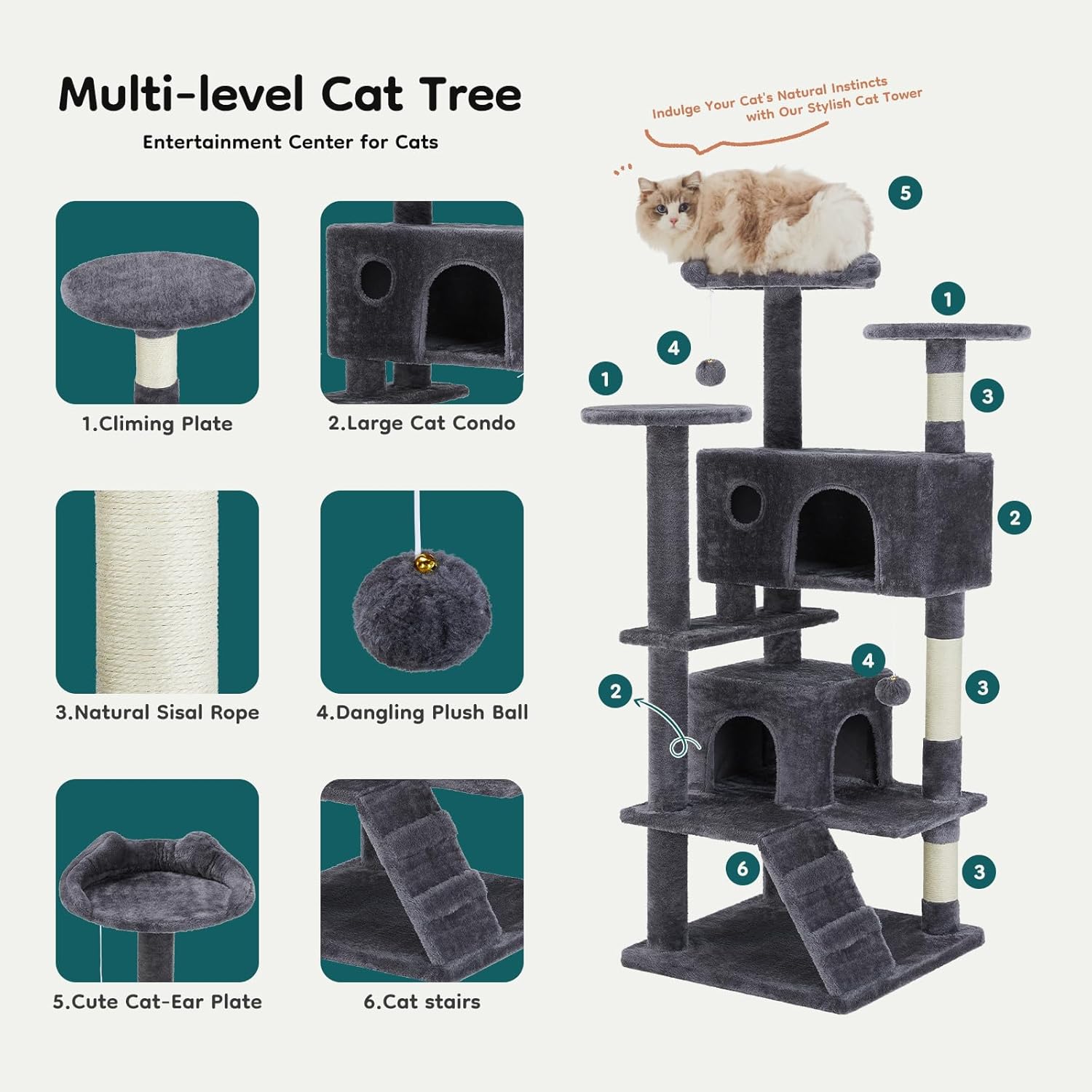 54-inch Indoor Cat Tree Tower ?CMulti-Level Pet House for Large Cats with 2 Condos, Scratching Posts, Round Platform, Small Ladder, and Toys ?C Perfect for Cats of All Ages, Dark Grey