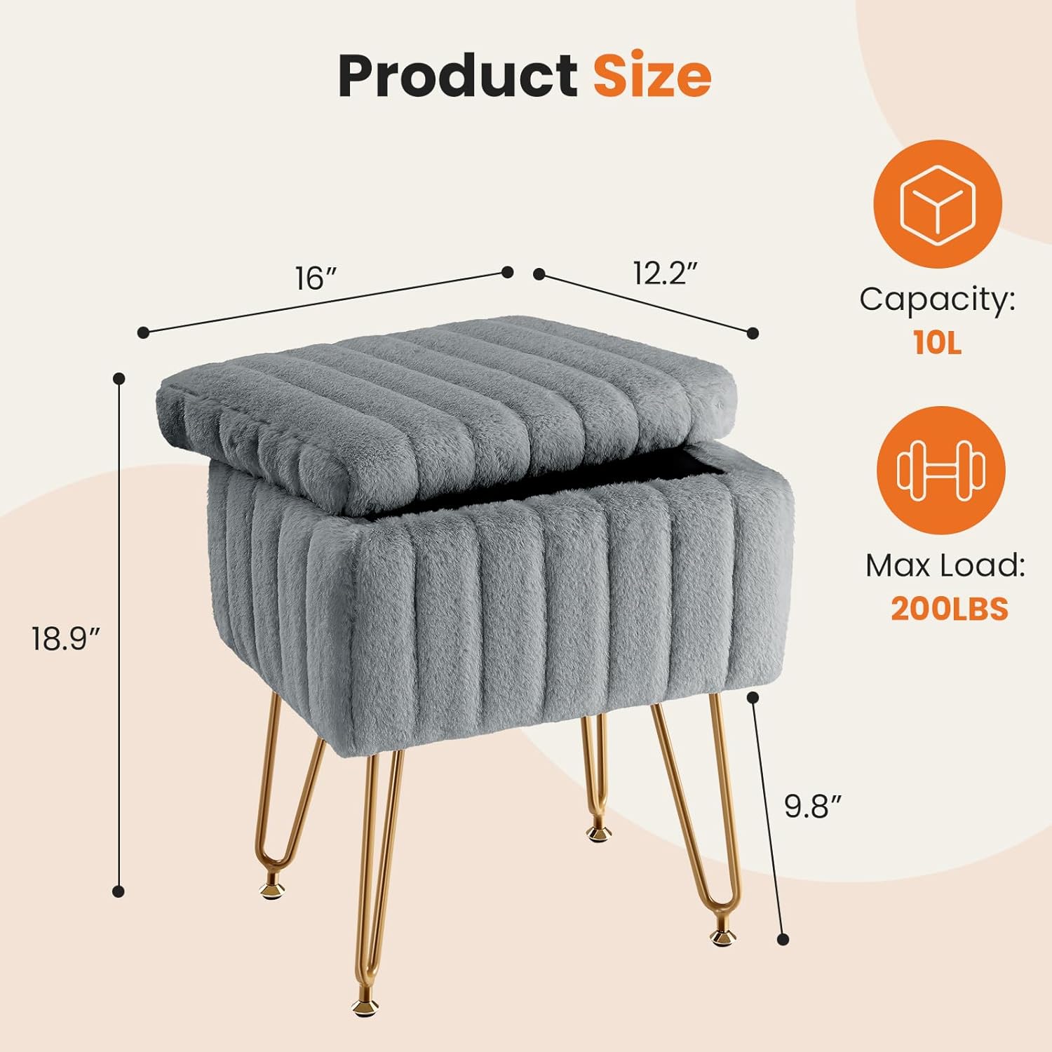 Vanity Stool Chair with Storage, 18.9??H x 16??L x 12.2??W Ottoman Chair Faux Fur Soft Padded Makeup Footstools Seat with 4 Metal Legs Anti-Slip Adjustable Feet for Make Up, Grey