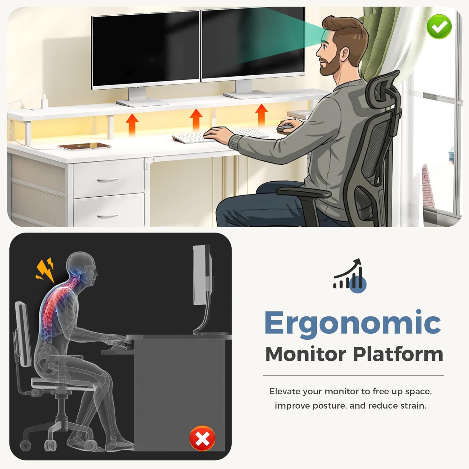 Computer Desk with 4 Drawers,4 Drawer Gaming Desk with Power Outlets and LED Lights,Office Desk for Small Spaces with Monitor Shelf,Writing Desk for Home Office, Bedroom,Study 45 Inch White