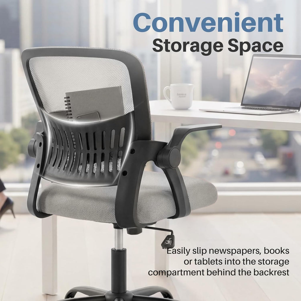 Home Office Desk Chair - Ergonomic Computer Mesh Chair with Lumbar Support & Rocking Mode, Height Adjustable with Flip-up Armrest, for Conference, Meeting Room, 360?? Swivel, Adults, Grey