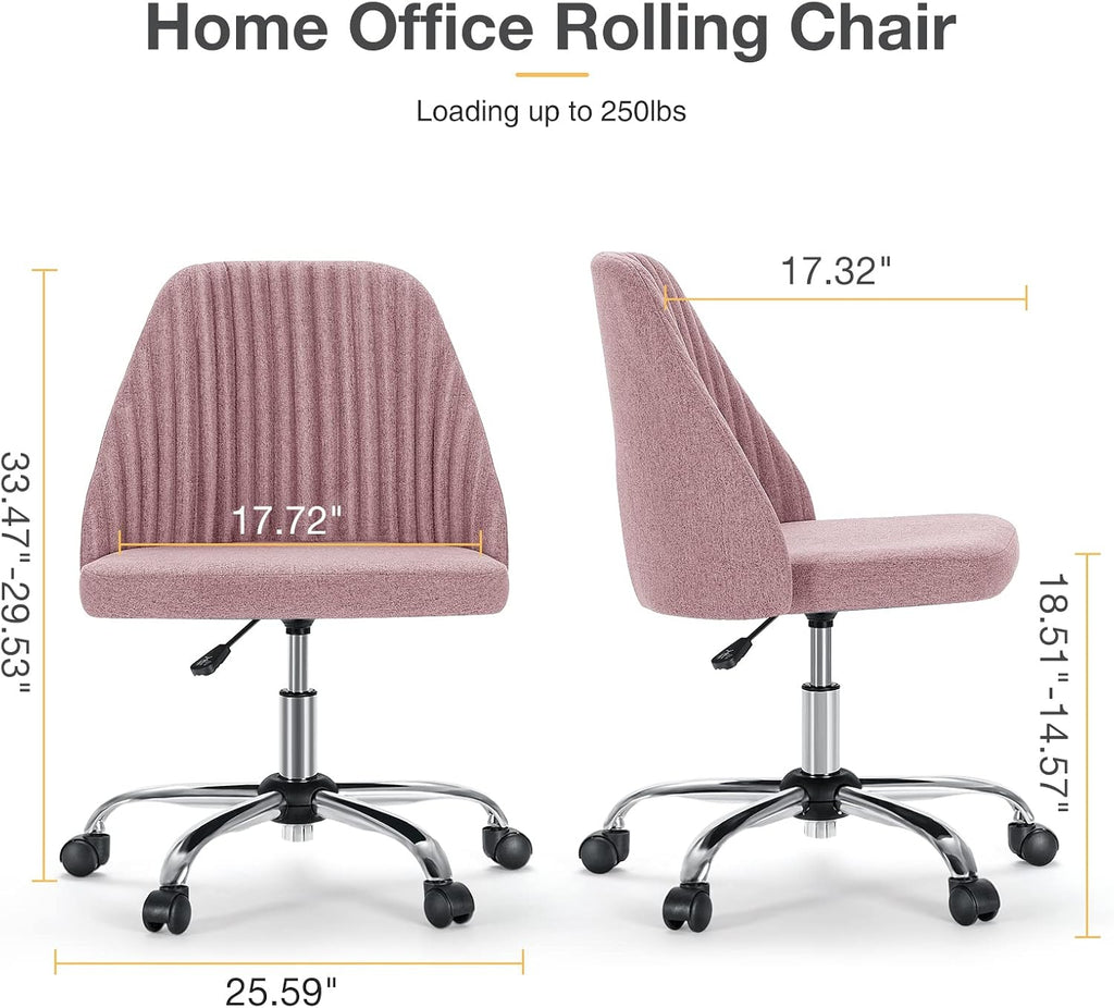 Armless Vanity Chair, Cute Comfy Home Office Desk Chair with Wheels, Modern Upholstered Task Computer Seat for Bedroom, Study, Makeup Vanity, Height Adjustable & Swivel Fit, Dusty Pink