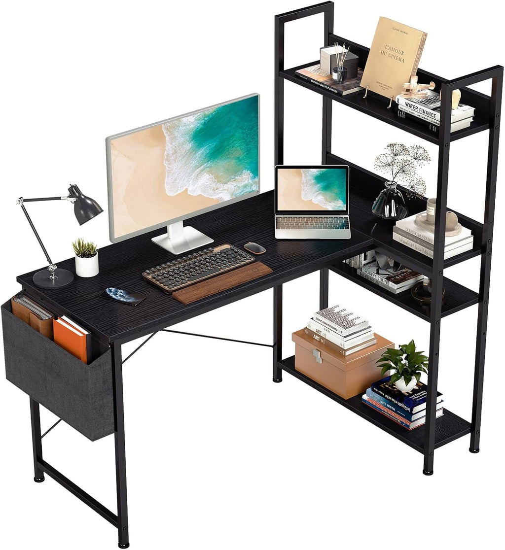 L Shaped Desk Corner Computer Table 47 Inch, L-Shaped Gaming Desks with Storage Shelf Reversible, Wood Tables with Side Bag Adjustable Feet for 2 Monitors Small Space Home Office Bedroom, Black