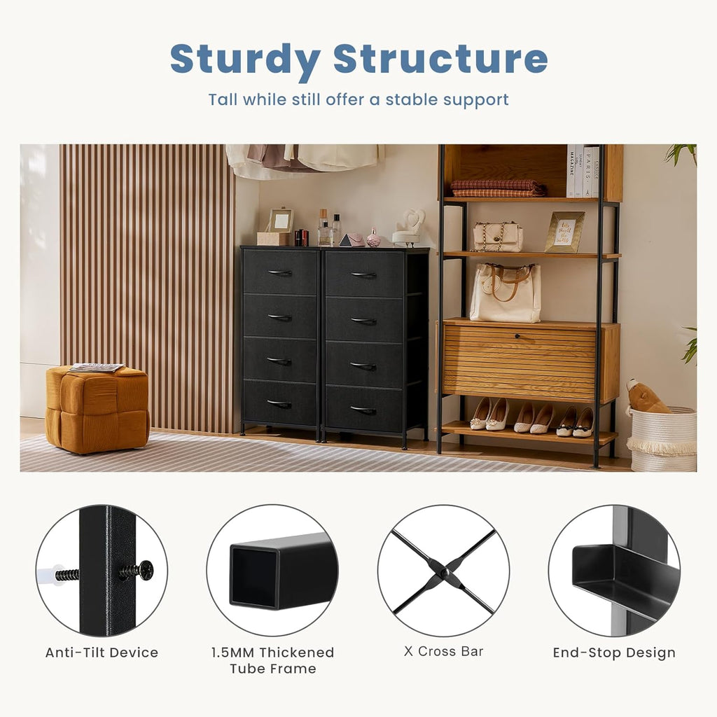 Nightstand with 4 Drawers Bedside Table with Removable Fabric Bins Sturdy Steel Frame Wood Top Organizer Furniture for Bedroom Closet Living Room