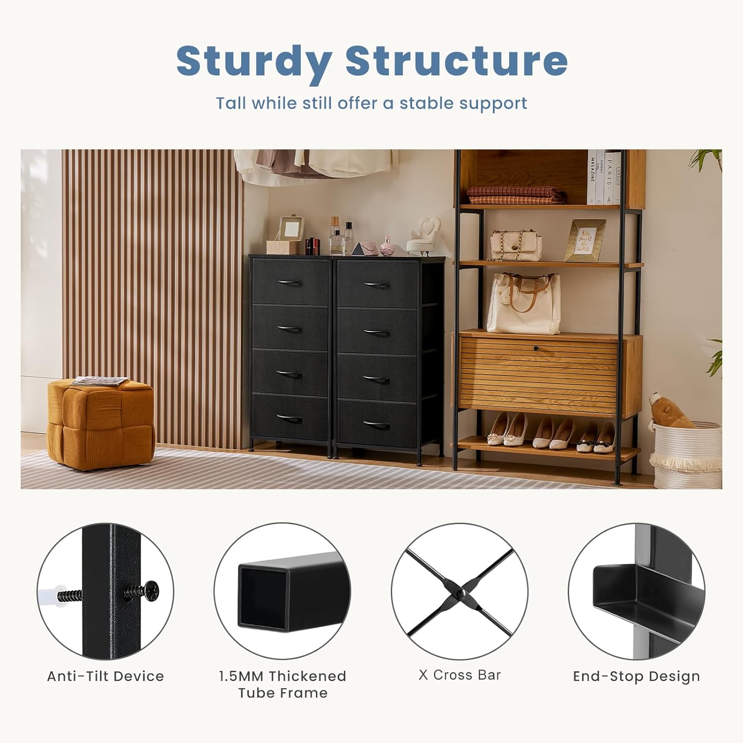 Nightstand with 4 Drawers Bedside Table with Removable Fabric Bins Sturdy Steel Frame Wood Top Organizer Furniture for Bedroom Closet Living Room