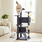 54-inch Indoor Cat Tree Tower ?CMulti-Level Pet House for Large Cats with 2 Condos, Scratching Posts, Round Platform, Small Ladder, and Toys, Beige