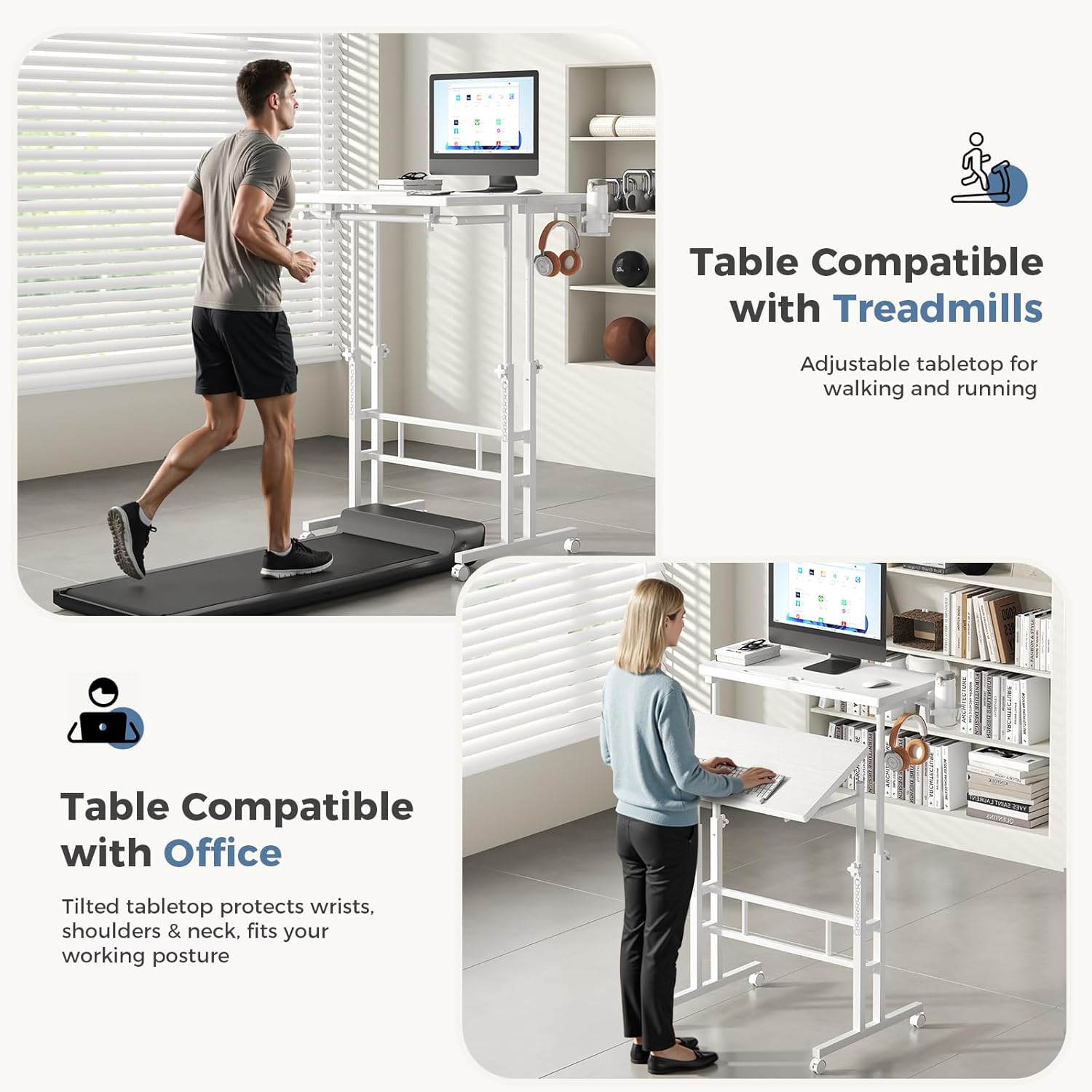 Split Top Rolling Standing Desk, 23.6 Inch Mobile Laptop Computer Desk, Manual Adjustable Height Workstation on Wheels, Sit Stand Office Table, Walking Pad Study Desk, White
