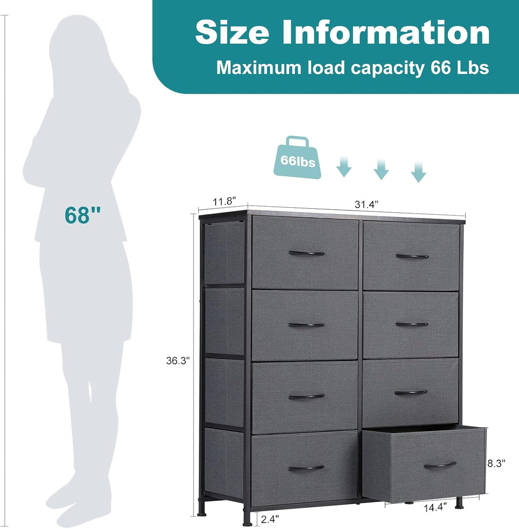 8 Drawer Storage Dresser with Wood Top - Wide Fabric Chest Organizer for Bedroom, Closet, Living Room,Tower Cabinet, TV Stand, Hallway Entryway Furniture,Grey