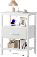 Nightstand with Charging Station, Bedside Tables with USB Ports and Fabric Drawer, Small Night Stand with Open Adjustable Shelf, Compact End Table for Bedroom, Black