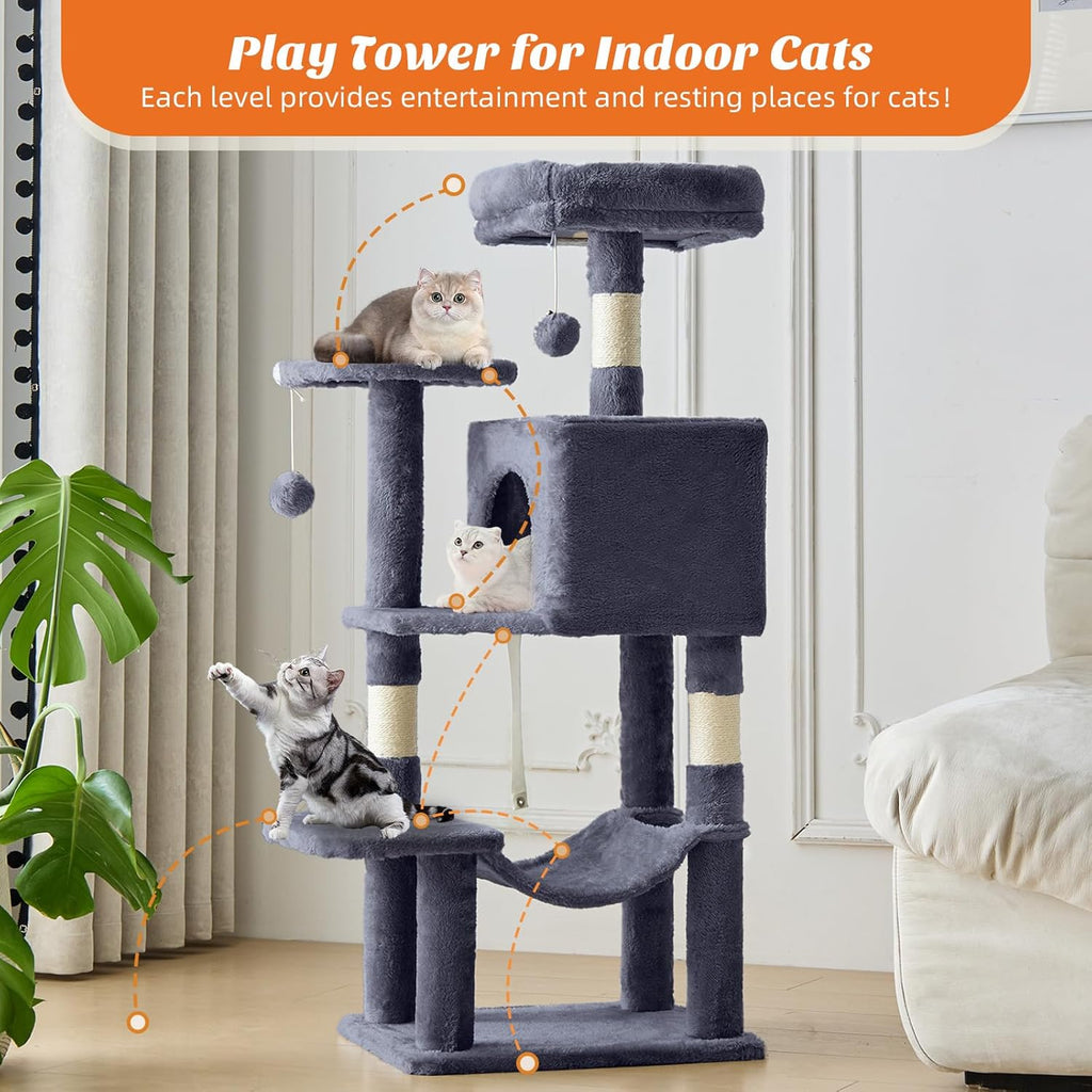 Small 44 Inch Cat Tree Tower, Cat Climbing Tower with Natural Sisal Scratching Posts, Hammock, Pet Condo for Indoor Cats and Kittens Play, Dark Grey