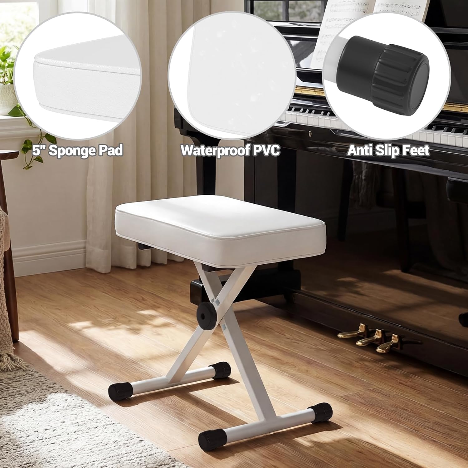 Adjustable Padded Keyboard Bench, X-Style Collapsible Piano Guitar Stool with 2.56 Inch Thickness High-Density Sponge and 3-Position Height, Waterproof Non-Skid Design, White