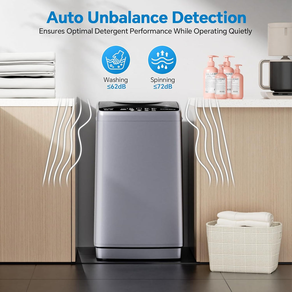 Portable Washing Machine, 7.7 lbs Full-Automatic Compact Laundry Washer, Stainless Steel Drum, 10 Wash Cycles, Auto-Balance Detection, LED Display, Mini Washer for Home, Apartment, Dorm, Grey