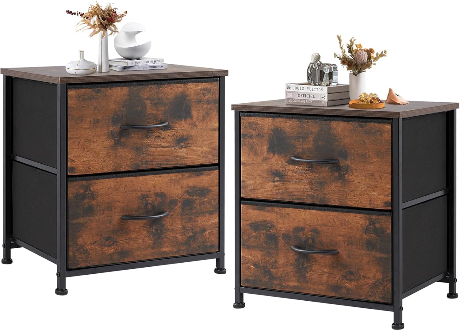 Nightstand Set of 2, Small Dresser with 2 Fabric Drawers Side Bedroom End Table Kids Bedside Storage Furniture for 25 inch Tall Night Stand for Closet, Entryway, College Dorm, Classic Black