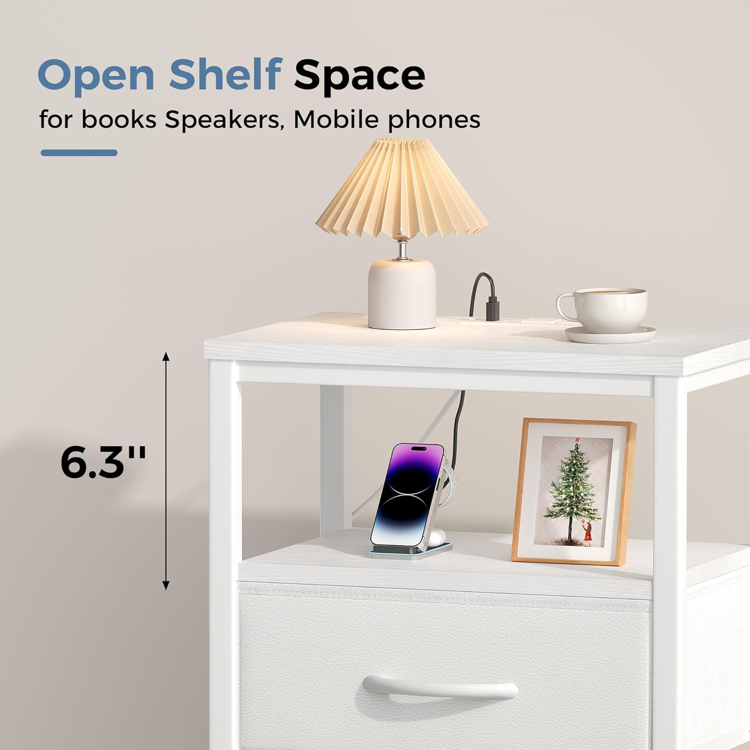 Nightstands Set of 2 with Charging Station, Bedside Table with USB Ports & Type-C, 2 Fabric Drawers Night Stand with Open Shelf, Compact End Table for Bedroom, Rustic Brown