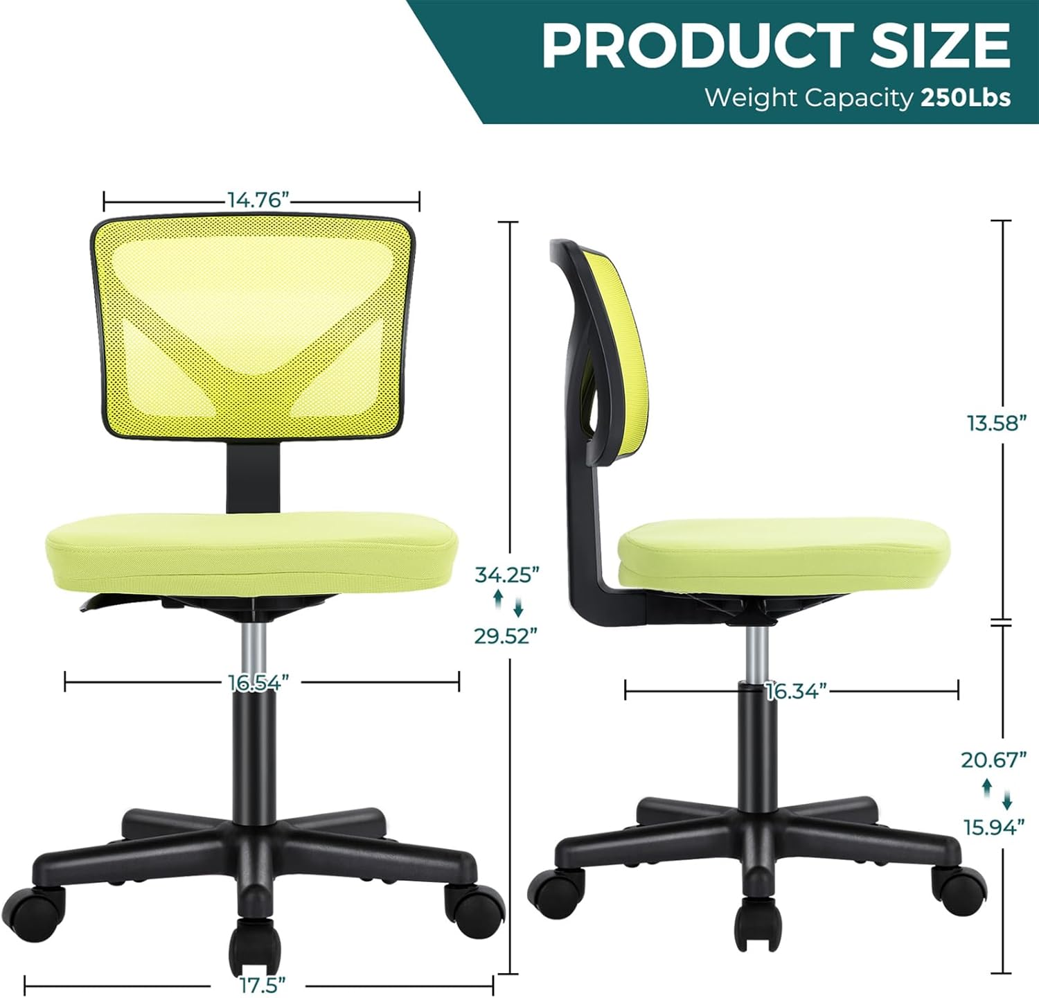 Small Desk Chair Armless, Ergonomic Adjustable Home Office Swivel Rolling Task Chair No Arms, Comfy Mesh Mid Back Computer Work Vanity Desk Chiars with Wheels for Small Spaces, Green