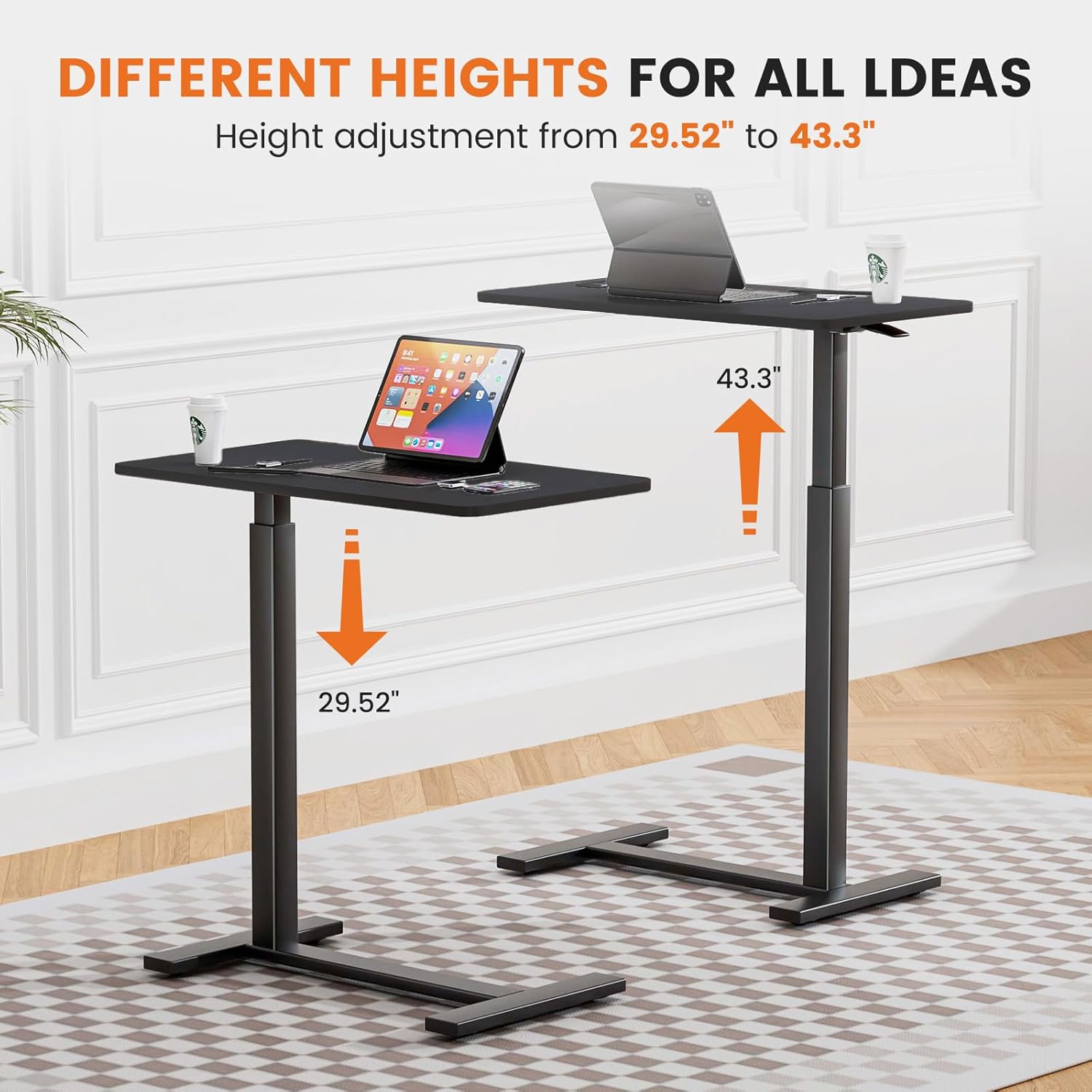 Overbed Bedside Table with Wheels, Adjustable Hospital & Home Use Bed Table, Rolling Laptop Table, Mobile Standing Desk, Black