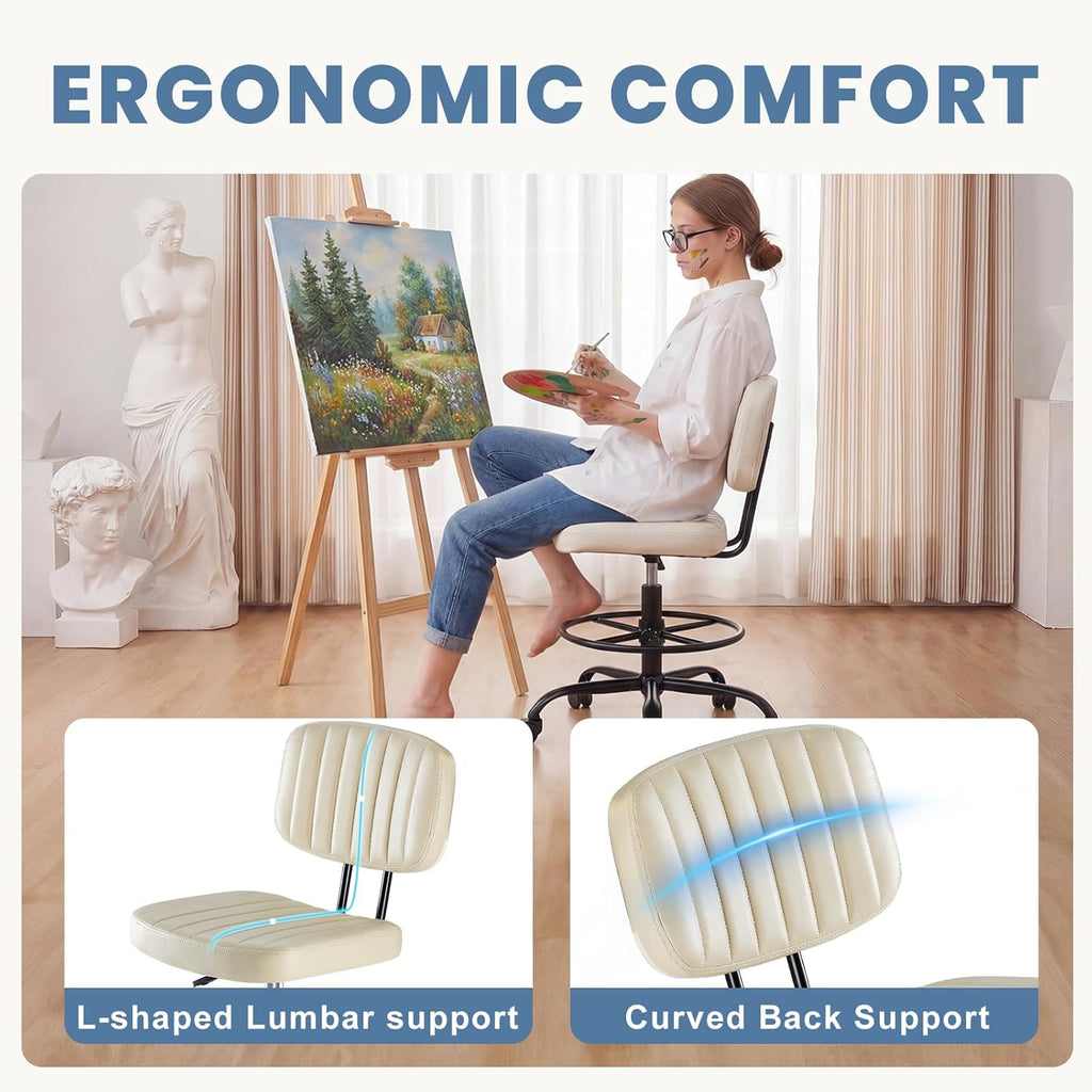 Armless Drafting Chair, Low Back Office Seat with Adjustable Footrest Ring for Standing Desk, Ergonomic PU Leather Office Seating, Swivel Rolling High Stool for Studio, Lab, Counter, Beige
