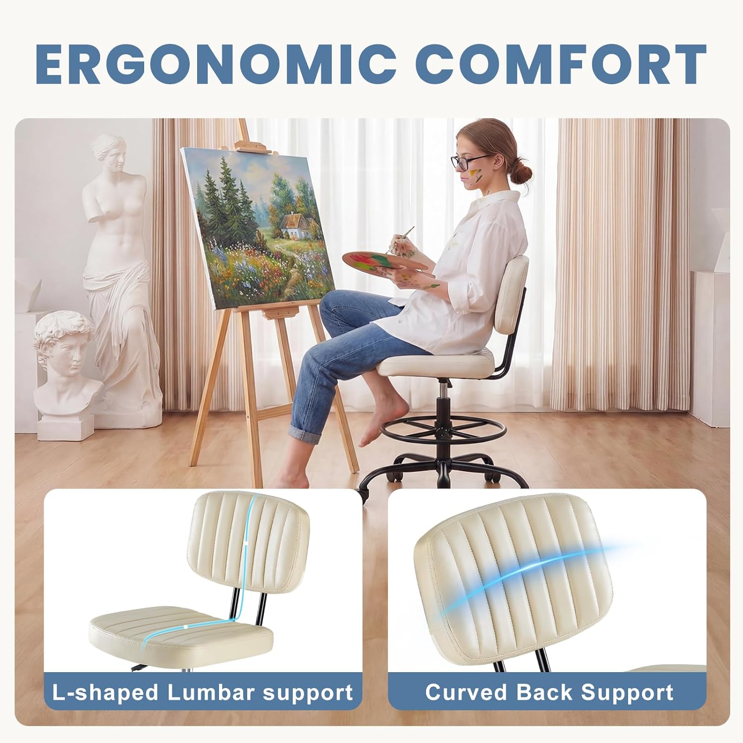 Armless Drafting Chair, Low Back Office Seat with Adjustable Footrest Ring for Standing Desk, Ergonomic PU Leather Office Seating, Swivel Rolling High Stool for Studio, Lab, Counter, Beige