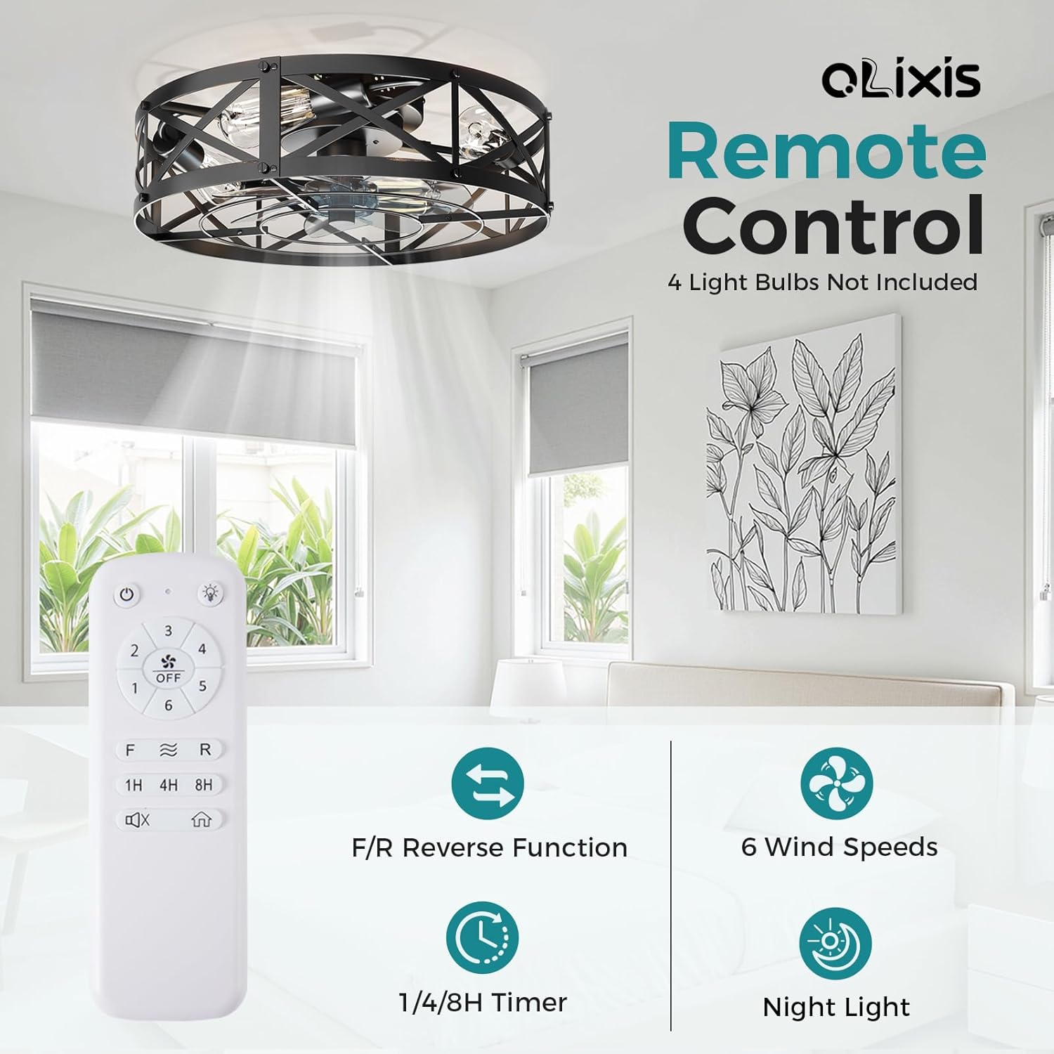 Ceiling Fans with Remote, Farmhouse Ceiling Fan, 19 Inch Low Profile Caged Fandelier, Flush Mount with 6 Wind Speeds, for Bedroom, Kitchen, Living Room, Bulbs Not Included, Black