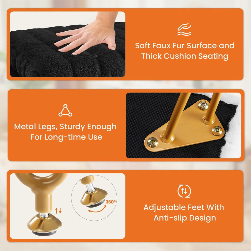 Vanity Stool Chair, Ottoman with Storage, Makeup Cute Soft Small Footstool, Modern Style Faux Fur Seat with 4 Metal Legs & Adjustable Feet for Dressing, Living Room, Bedroom, Dorm, Black