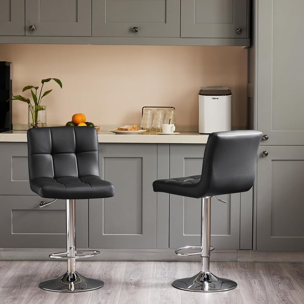 Bar Stools Set of 2, Armless PU Leather Adjustable Swivel Barstools, Hydraulic Kitchen Counter Height Thickened Seat Cushion Square Island Countertop Chairs with Back, Black