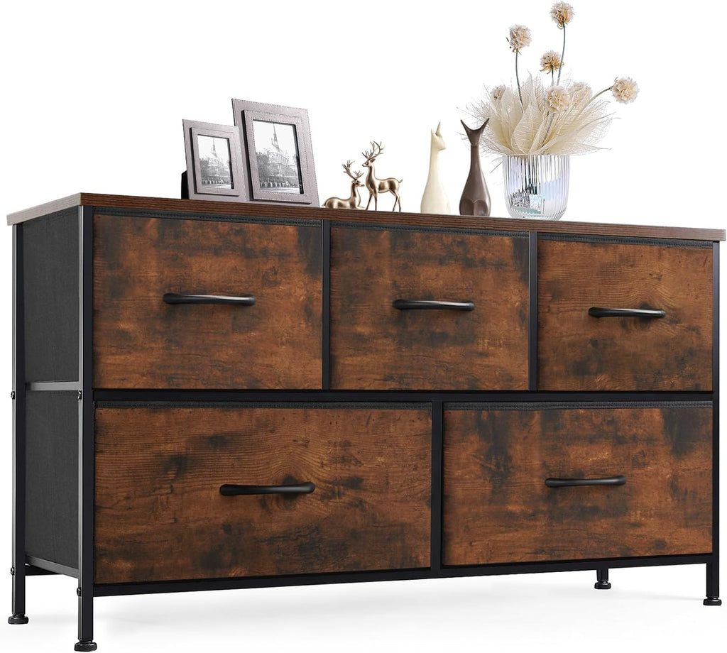 Dresser for Bedroom with 9 Storage Drawers, Large Fabric Storage Tower Organizer, Chest of Drawers with Metal Frame Wooden Top for Closet, Living Room, Entryway, Brown
