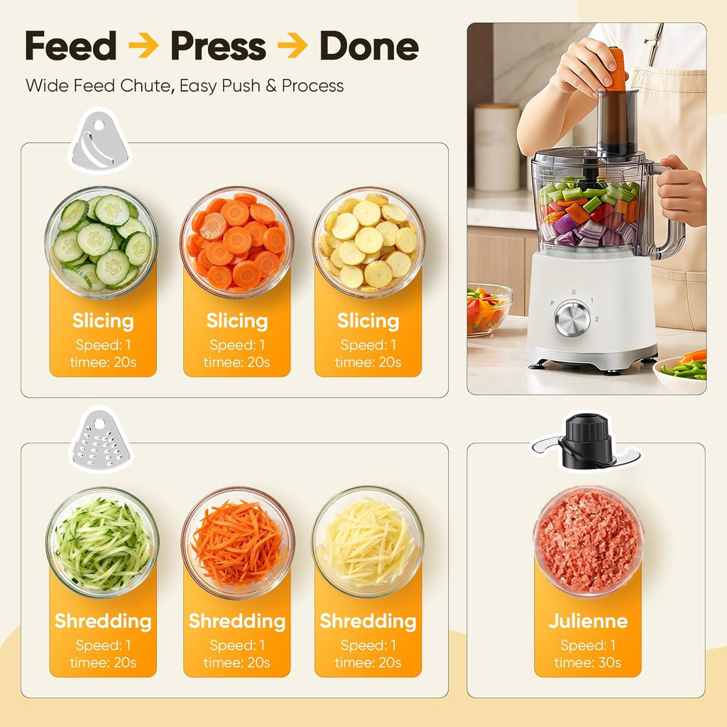 Food Processor 10.5 Cup, Vegetable Choppers with Slicing Shredding Chopping Kneading, Dishwasher Safe, Food Grinder, Stainless Steel Blades, for Smoothie Fruit Dough, 2.6QT, White