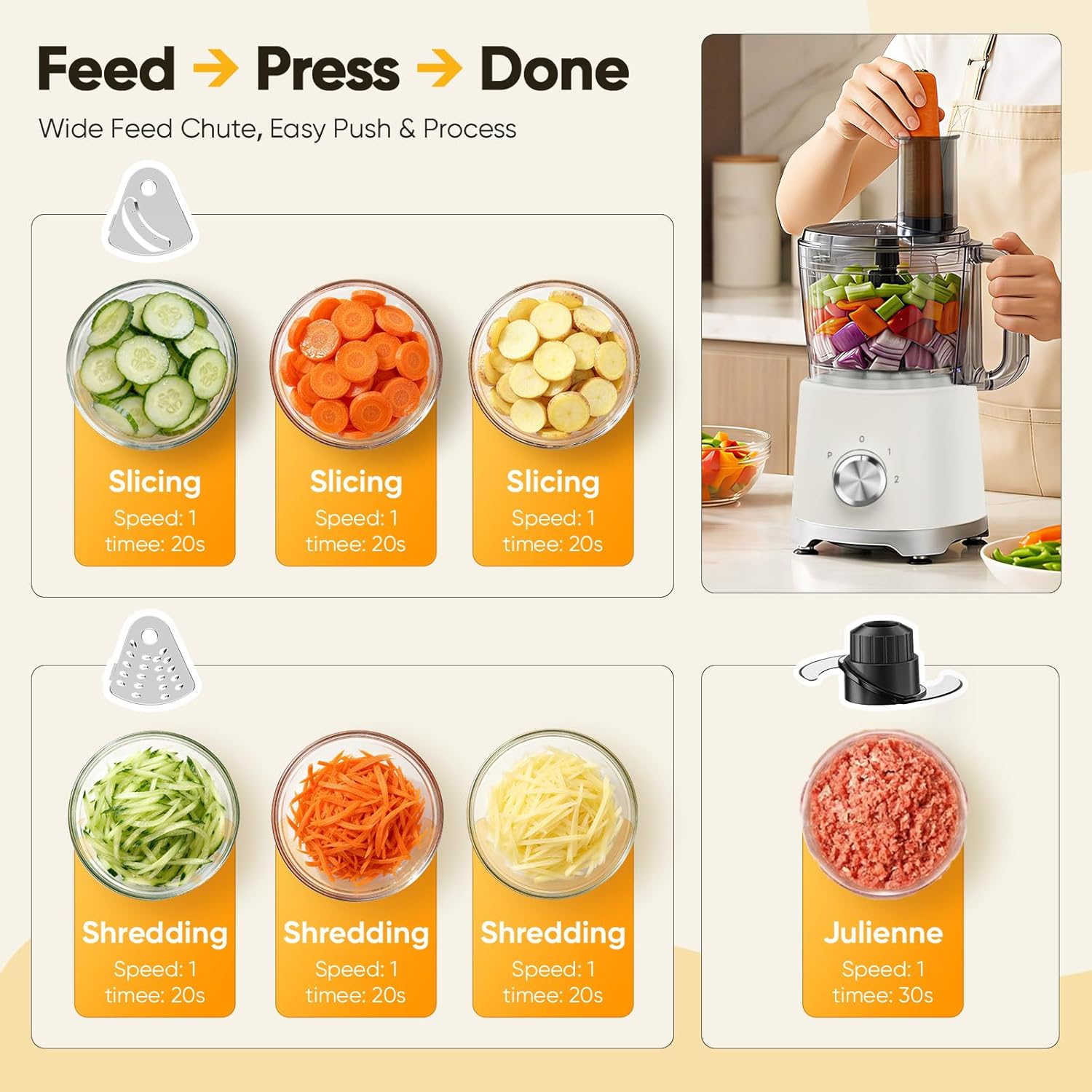 Food Processor 10.5 Cup, Vegetable Choppers with Slicing Shredding Chopping Kneading, Dishwasher Safe, Food Grinder, Stainless Steel Blades, for Smoothie Fruit Dough, 2.6QT, White