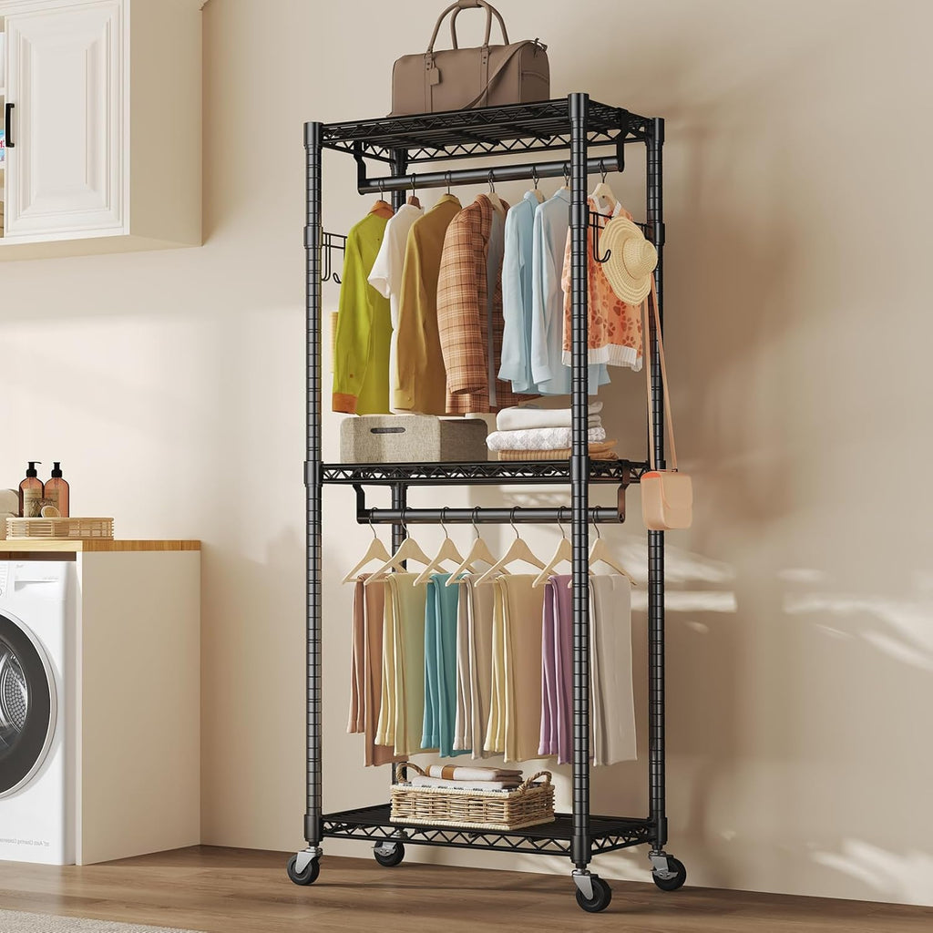 Portable Closet, Rolling Clothes Rack, 29 x 15 x 75 Wardrobe Closet with Adjustable Shelves, Metal Garment Rack with Lockable Wheel, for Cloakroom, Bedroom Storage, Laundry Room, Black
