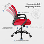 Office Desk Chair - Ergonomic Mid Back with Lumbar Back Support & Rocking Mode, Height Adjustable with Fixed Armrest, for Computer, Gaming, Conference, Meeting Room, 360?? Swivel, Red