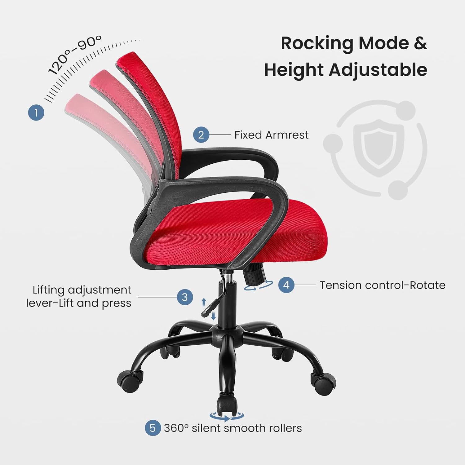 Office Desk Chair - Ergonomic Mid Back with Lumbar Back Support & Rocking Mode, Height Adjustable with Fixed Armrest, for Computer, Gaming, Conference, Meeting Room, 360?? Swivel, Red