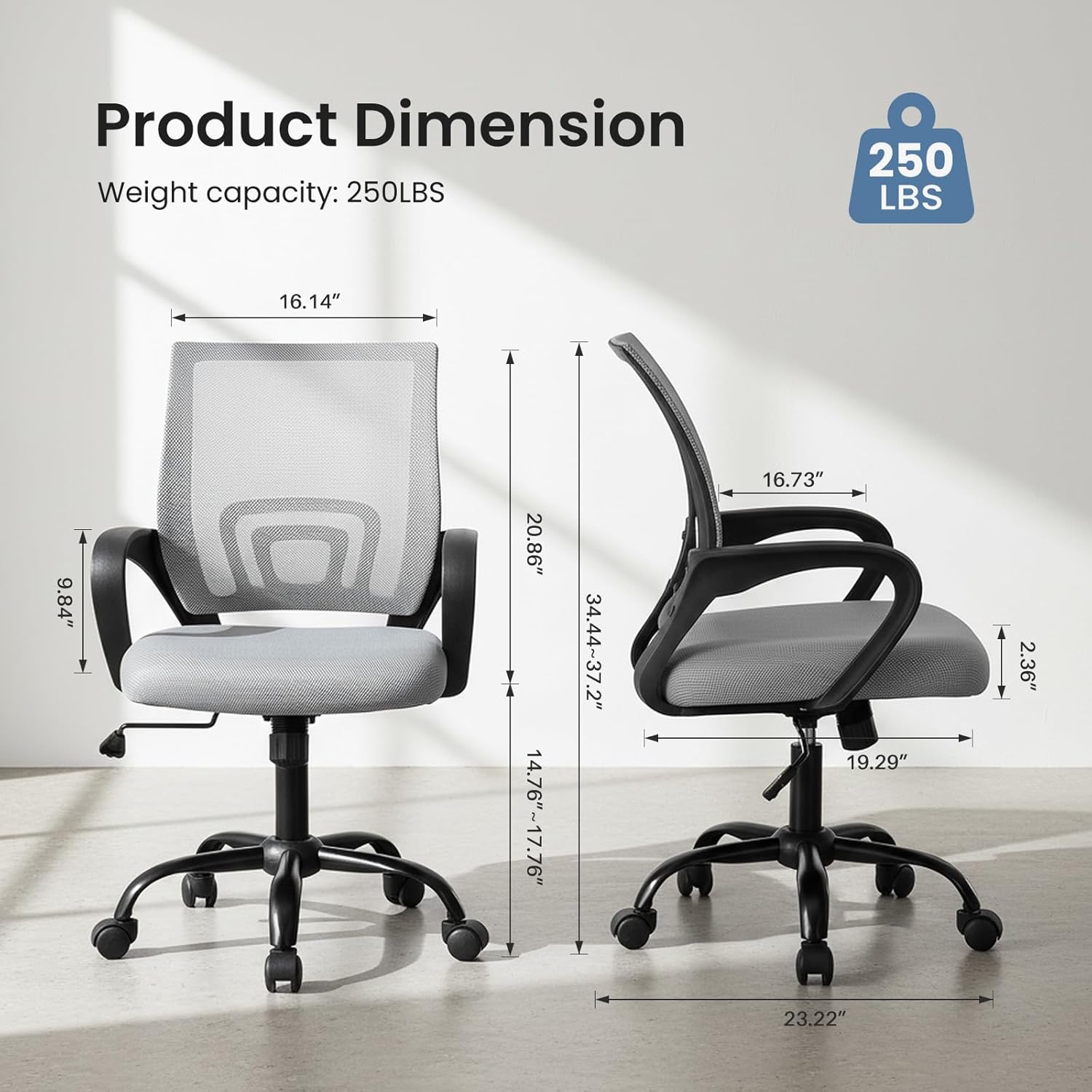 Office Desk Chair - Ergonomic Mid Back with Lumbar Support & Rocking Mode, Height Adjustable with Fixed Armrest, for Home, Computer, Gaming, Conference, Meeting Room, 360?? Swivel, Grey, 2 Pack
