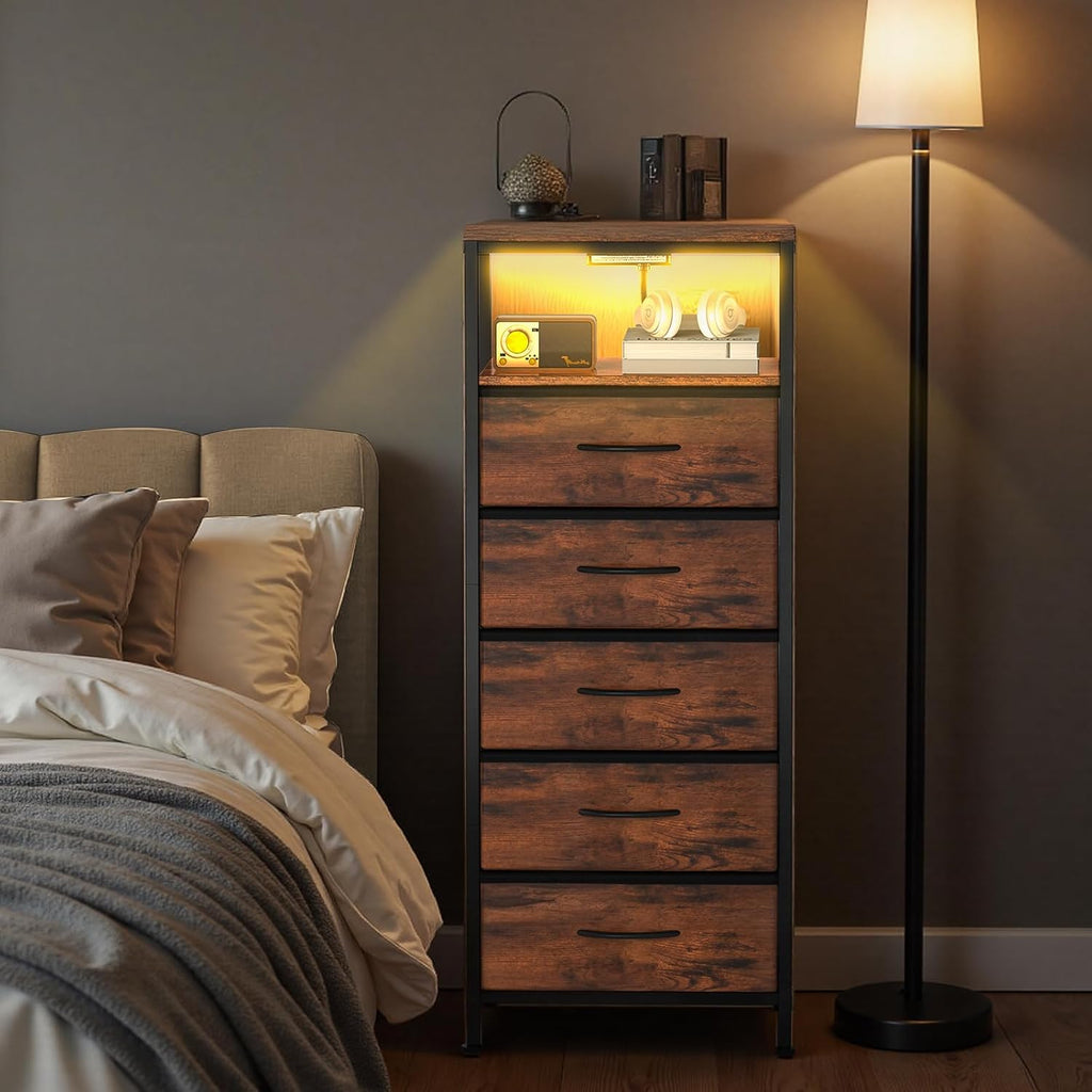 Nightstands Set of 2 with Charging Station, Bedside Table with USB Ports & Type-C, 2 Fabric Drawers Night Stand with Open Shelf, Compact End Table for Bedroom, Rustic Brown