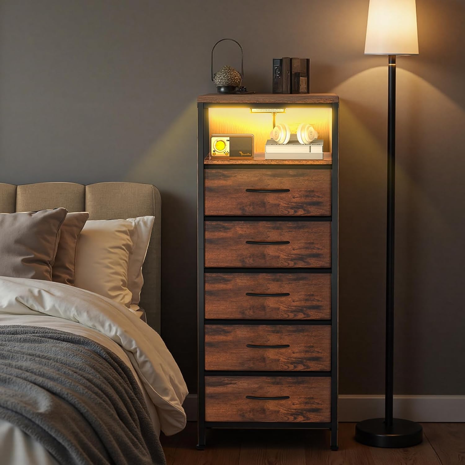 Nightstands Set of 2 with Charging Station, Bedside Table with USB Ports & Type-C, 2 Fabric Drawers Night Stand with Open Shelf, Compact End Table for Bedroom, Rustic Brown