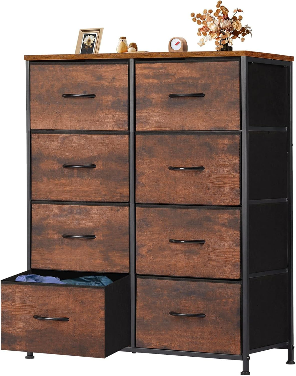 8 Drawer Dresser for Bedroom, Wide Fabric Storage Tower with Wooden Top and Metal Frame, Closet Chest Organizer Furniture, Living Room Hallway, Black