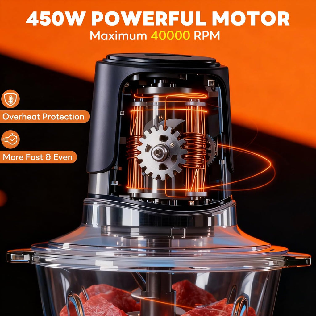 Electric Food Processor, 450W Meat Grinder & Vegetable Chopper with 2 Bowels for Home Use, Food Chopper with Double S-Blades for Vegetable, Onion, Garlic, Nuts, Meat