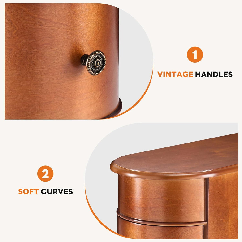 Side End Table with 2 Drawers, Tall Nightstand Vintage Bedside Tables No Assembly Night Stand with Curved Edge Storage Space Wood Sofa Slim Organizer for Living Room, Bedroom, Brown
