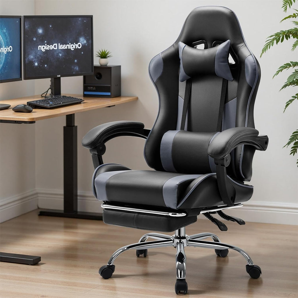 Computer Video Game Desk Chair - Ergonomic Comfy Lumbar Support with Footrest, PU Leather Recliner with Headrest, Fixed Up Armrest, Height Adjustable and 360?? Swivel, for Adults, Grey