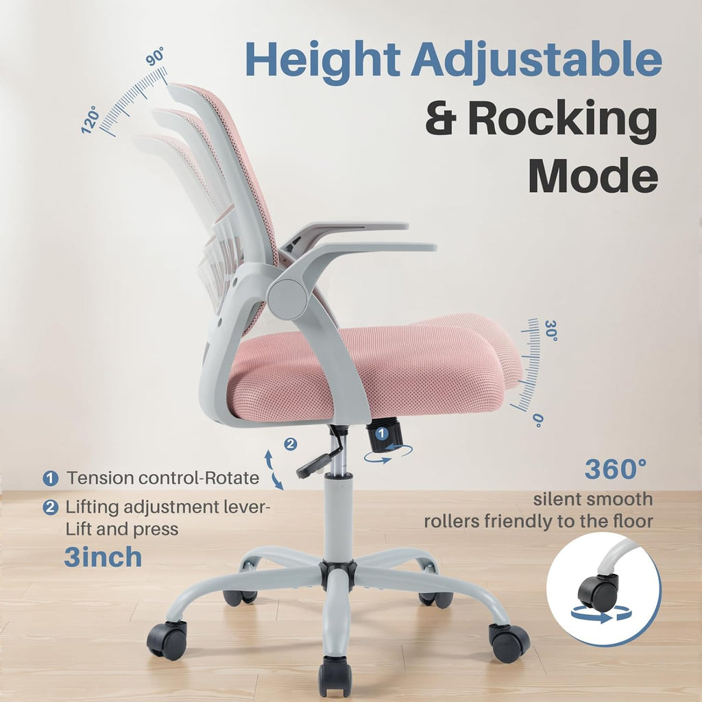 Home Office Managerial Executive Chair, Flip Up Armrest Ergonomic Mesh Adjustable Swivel Mid-Back Computer Desk Chair with Comfortable Lumbar Support, Comfy Arms for Bedroom,Study