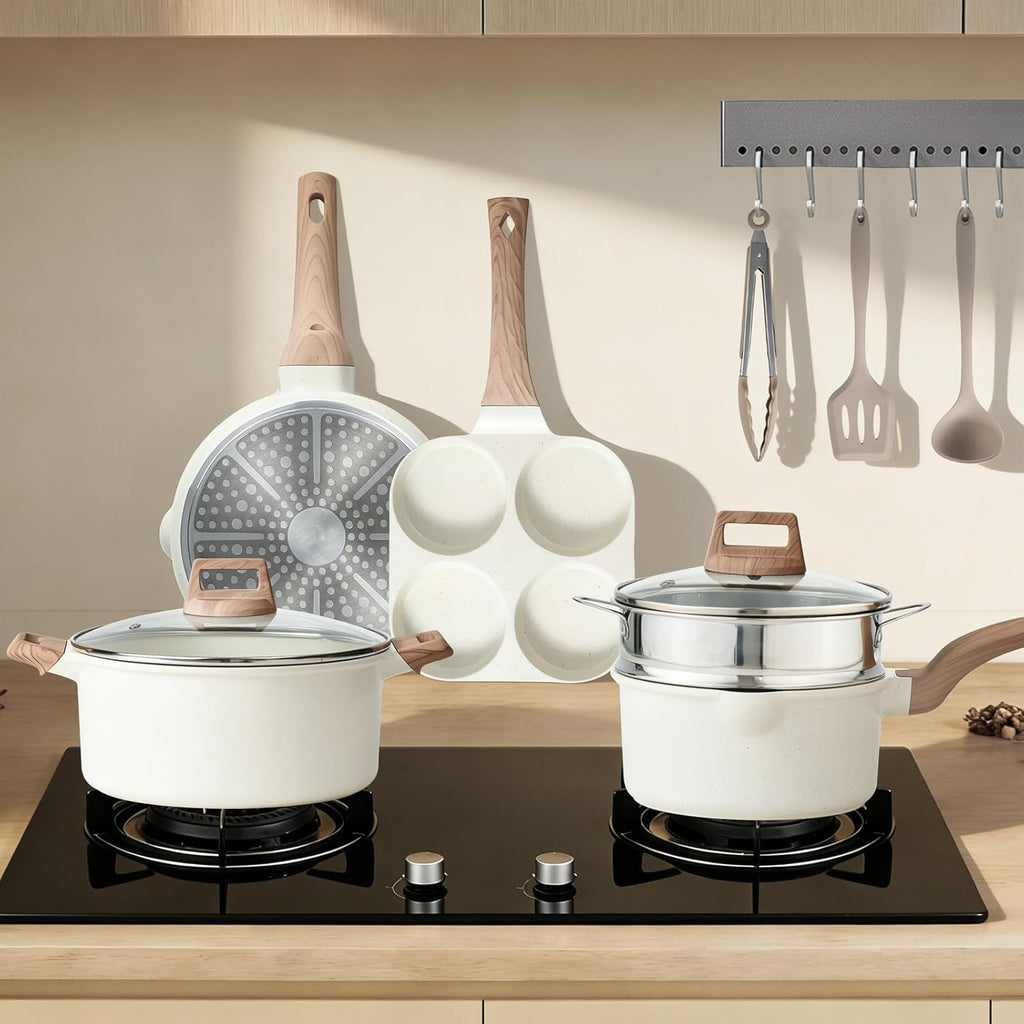 25 Pcs Pots and Pans Set, Nonstick Kitchen Cookware Set, Induction Cooking Sets with Stay-Cool Handles, Milky White