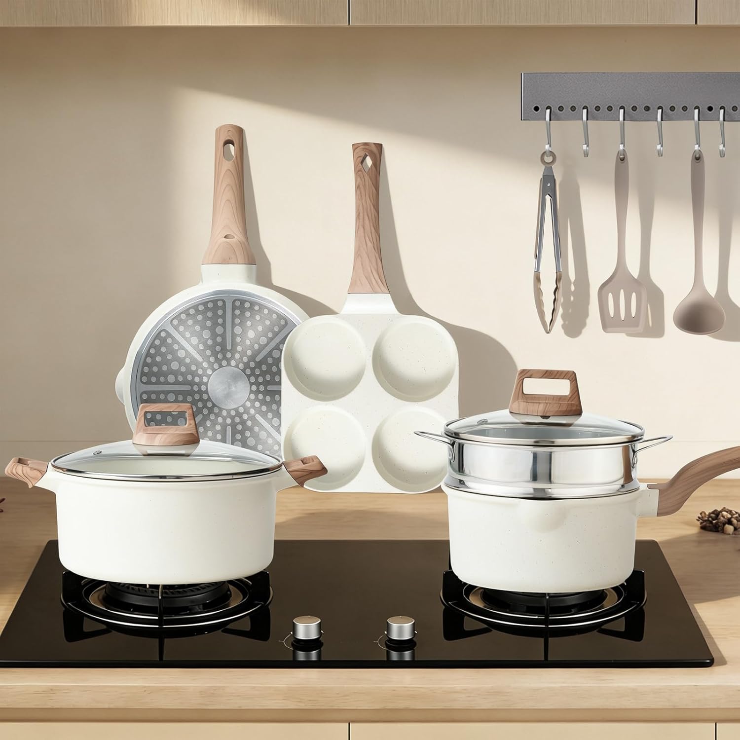 25 Pcs Pots and Pans Set, Nonstick Kitchen Cookware Set, Induction Cooking Sets with Stay-Cool Handles, Milky White