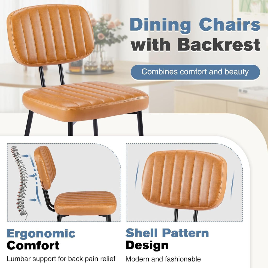 Dining Chairs Set of 6, Upholstered Mid-Century PU Leather Accent Chair with Backrest and Metal Legs for Kitchen, Living Room, Brown