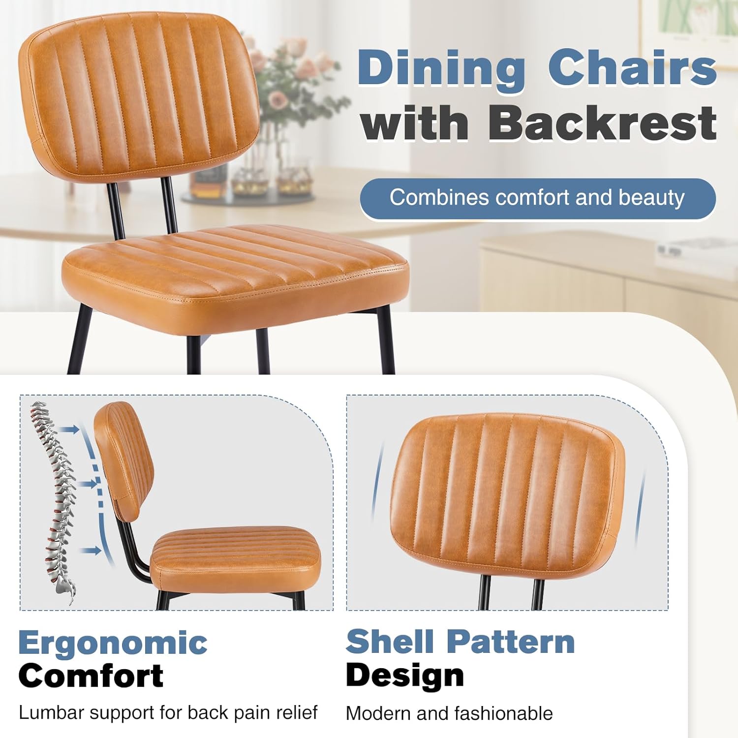 Dining Chairs Set of 6, Upholstered Mid-Century PU Leather Accent Chair with Backrest and Metal Legs for Kitchen, Living Room, Brown