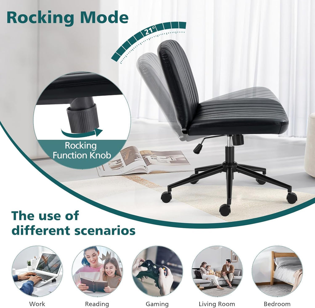 Criss Cross Chair with Wheels Wide Cross Legged Office Desk Vanity Chair Comfy Fabric Armless Adjustable Swivel for Home Computer Task PU Black