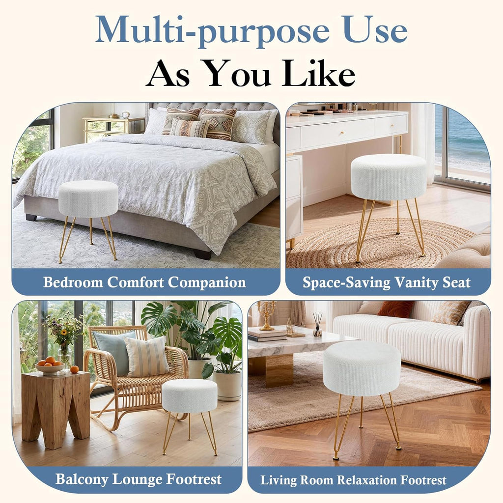 Velvet Vanity Stool, 350LBS Heavy-Duty Makeup Stool with 4CM Thick Cushion, Round Ottoman Footrest Chair for Bedroom, Bathroom, Dressing Table, Easy-Clean Soft Fabric, Beige